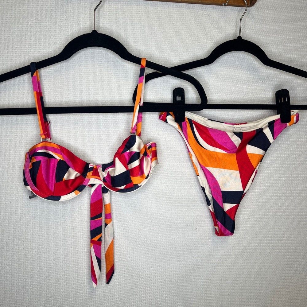 One One Swimwear Geometric Abstract Underwire Bikini Set Pink Orange Small